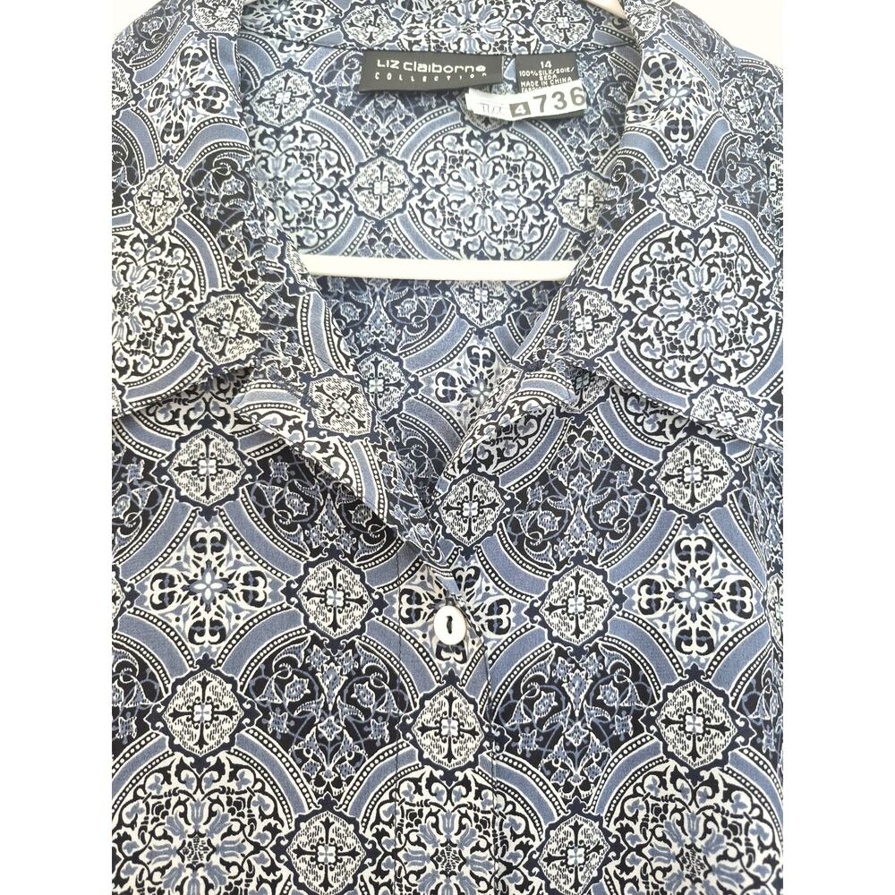 Liz Claiborne Silk Blouse Sz 14 Boho Print Long Sleeve Top Button Blue Office - Picture 8 of 8